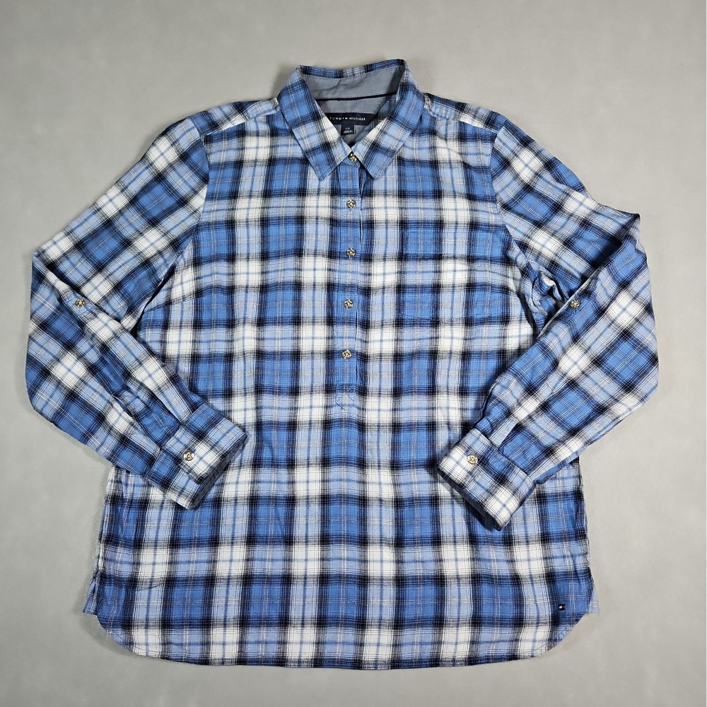 Tommy Hilfiger Womens Blue White Plaid 1/2 Button Pullover Shirt Size Large